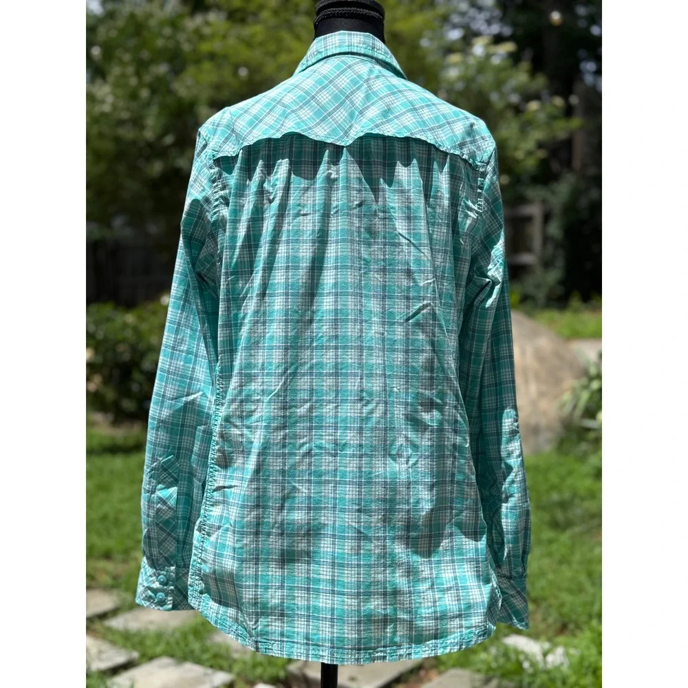 Eddie Bauer Womens Large Turquoise Plaid Button Up Roll Tab Sleeve Hiking Shirt